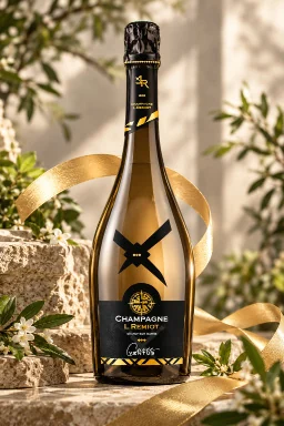 Bouteille L. Remiot sur un décor de verdure, ruban doré